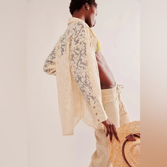 NWT Free People In Your Dreams Lace Button-Up Shirt in Tea Size Medium - Picture 5 of 10